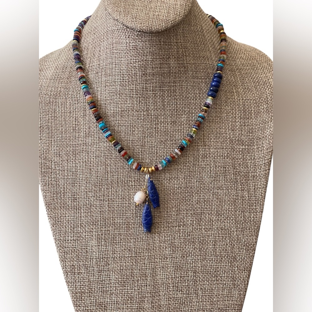 Multi Gemstone w Lapis, Hand carved fish & freshwater Pearl, Gold accents OOAK